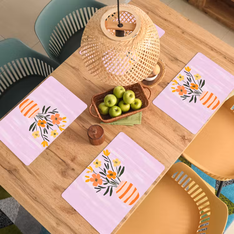 Placemat - 6 stuks - Vaas - Gestreept - Bloemen - Oranje — 6
