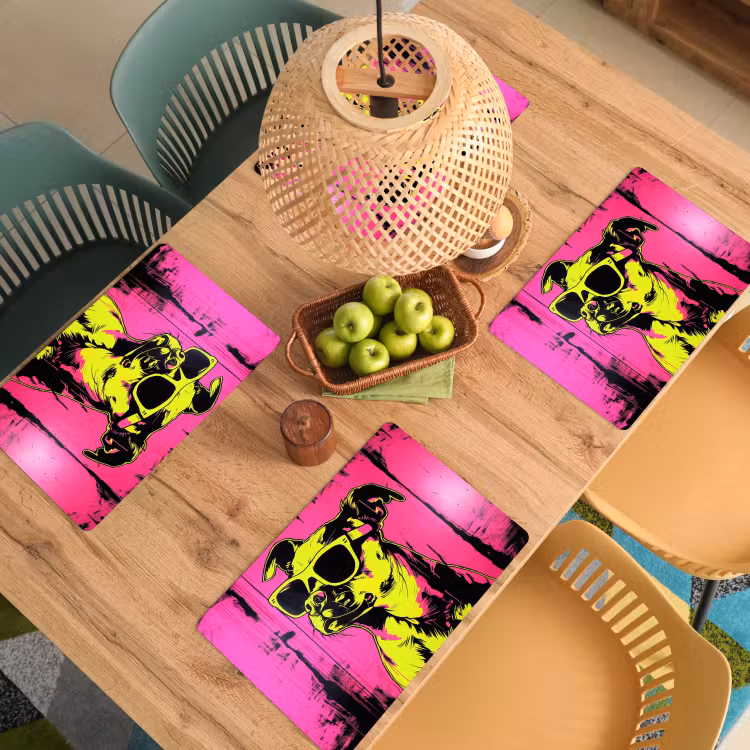 Placemat - 6 stuks - Hond - Zonnebril - Roze - Art — 6