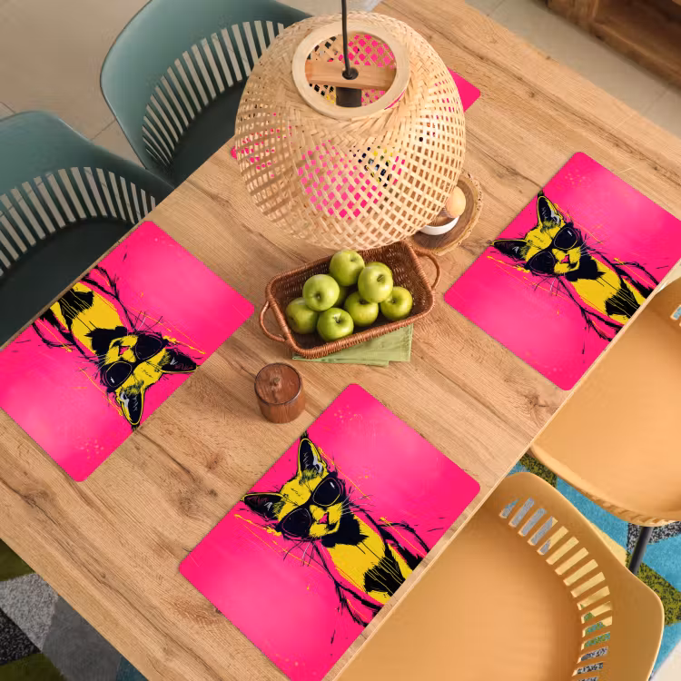 Placemat - 6 stuks - Kat - Art - Zonnebril - Roze — 6