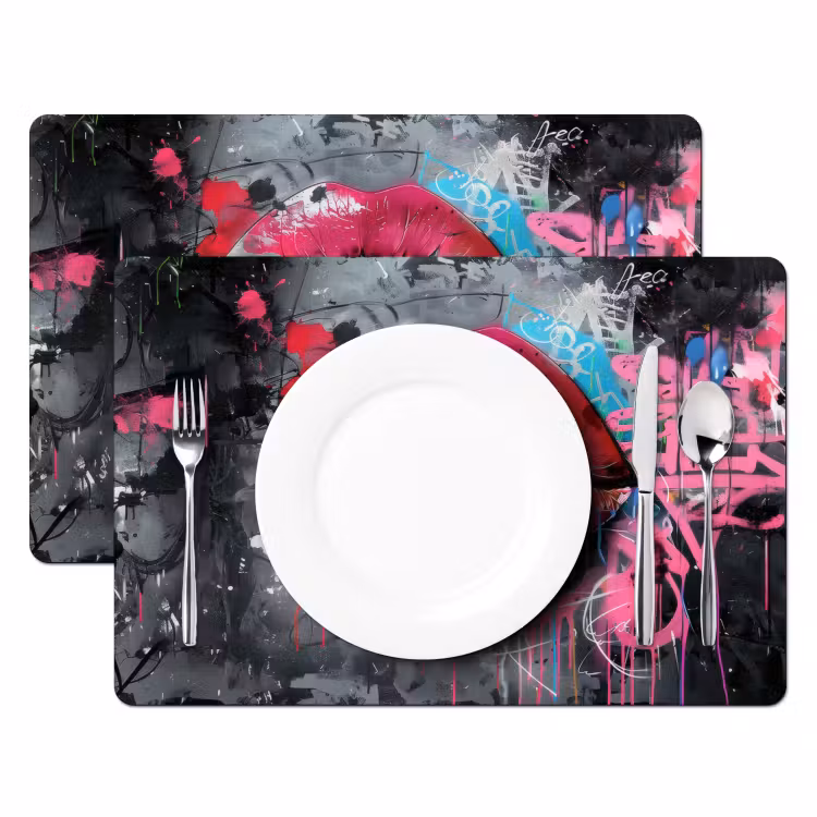 Placemat - 6 stuks - Lippen - Felroze - Graffiti - Verfstrepen — 2