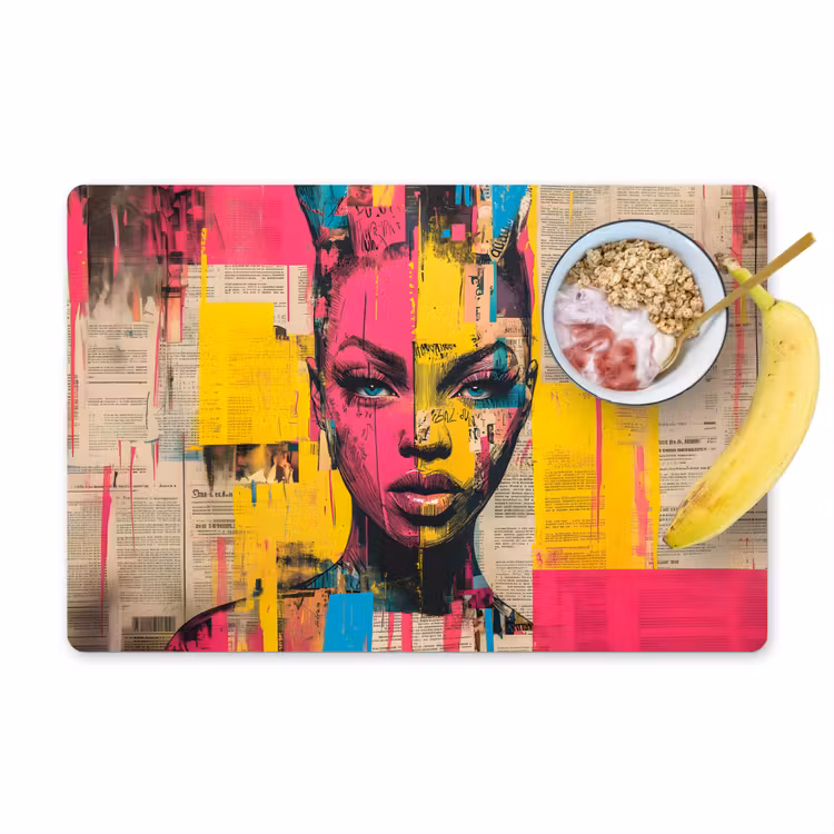 Placemat - 6 stuks - Vrouwengezicht - Krantenpapier - Abstract - Roze — 1