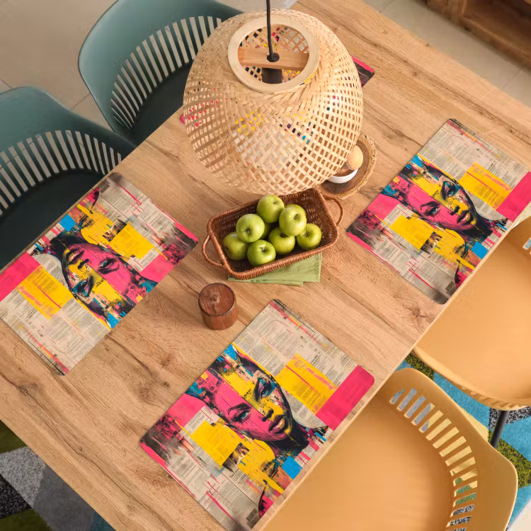 Placemat - 6 stuks - Vrouwengezicht - Krantenpapier - Abstract - Roze — 6