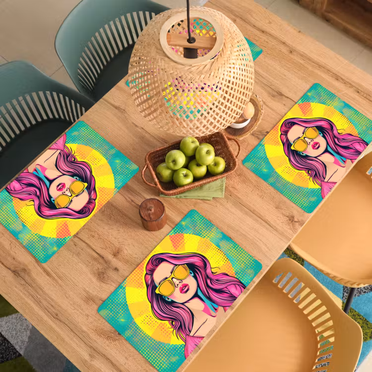 Placemat - 6 stuks - Zonnebril - Vrouw - Zonnig - Geel — 6