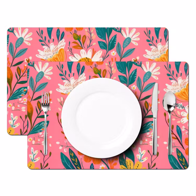 Placemat - 6 stuks - Roze - Bloemen - Wit - Oranje — 2