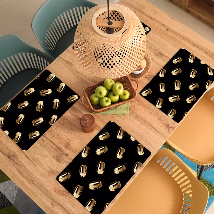 Placemat - 6 stuks - Macarons - Patroon - Goud - Zwart — 6