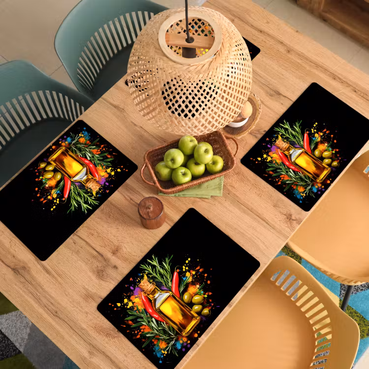 Placemat - 6 stuks - Olijfolie - Graffiti - Peper - Olijven - Modern — 6