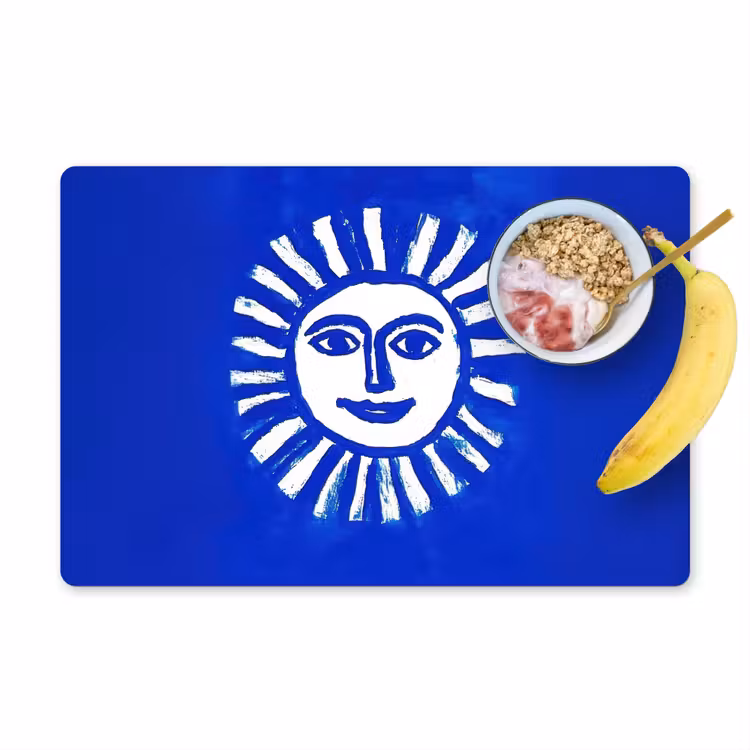 Placemat - 6 stuks - Zon - Gezicht - Penseelstructuur - Blauw — 1