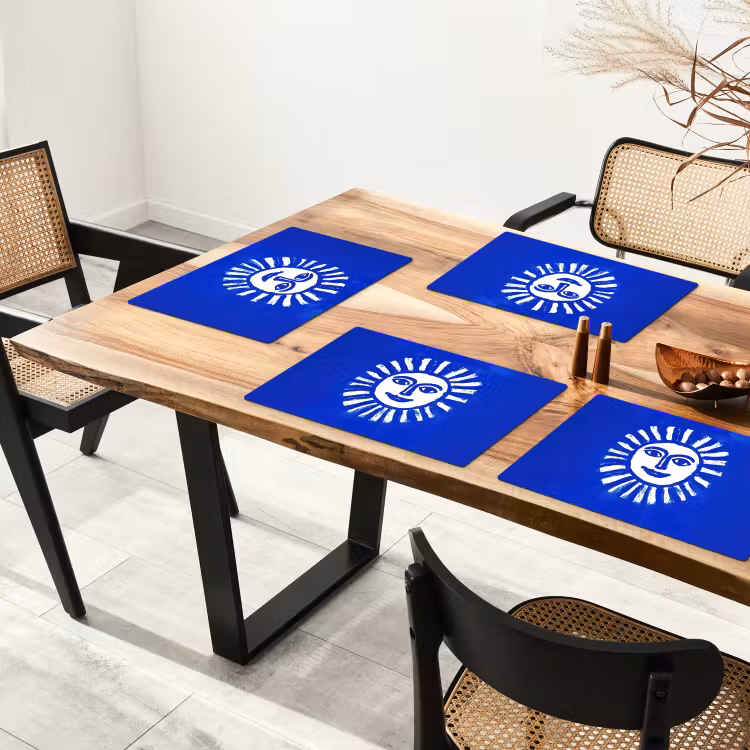 Placemat - 6 stuks - Zon - Gezicht - Penseelstructuur - Blauw — 5