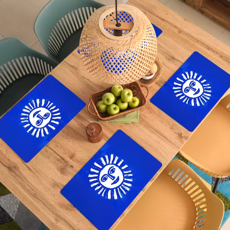 Placemat - 6 stuks - Zon - Gezicht - Penseelstructuur - Blauw — 6