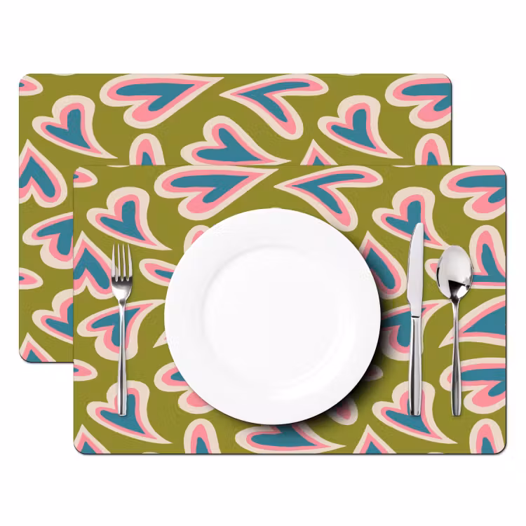 Placemat - 6 stuks - Groen - Retro - Hartjes - Patroon — 2