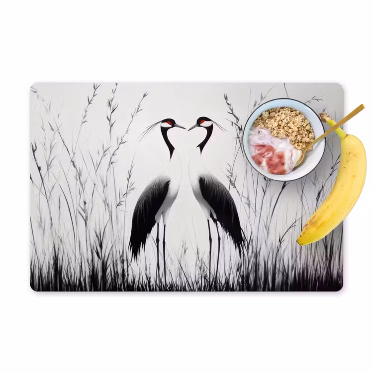 Placemat - 6 stuks - Kraanvogels - Gras - Hartvorm - Zwart — 1