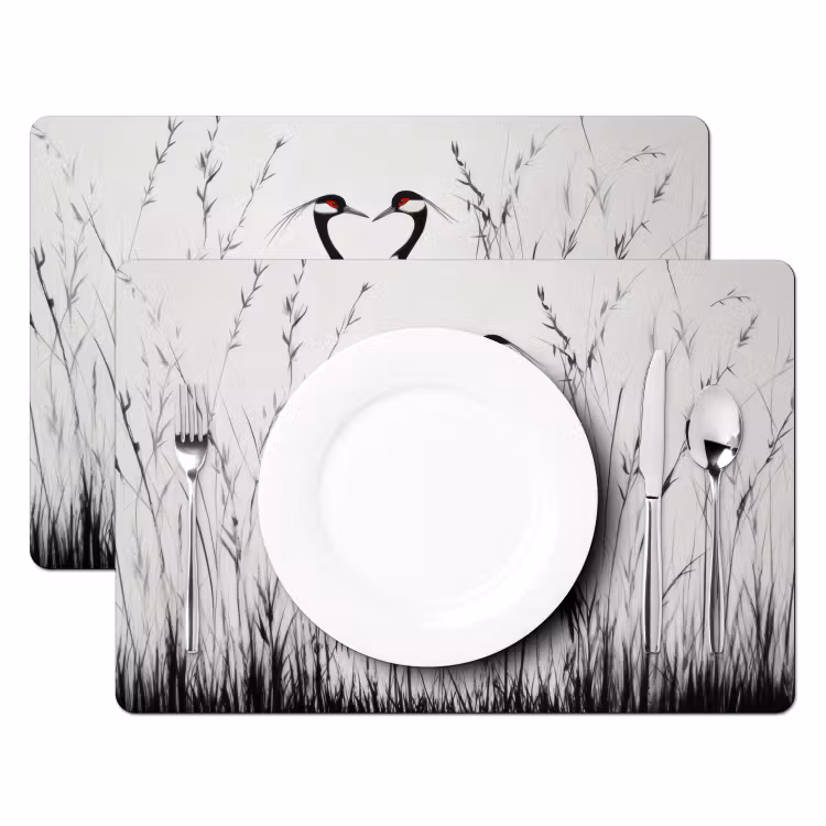 Placemat - 6 stuks - Kraanvogels - Gras - Hartvorm - Zwart — 2
