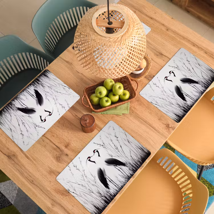 Placemat - 6 stuks - Kraanvogels - Gras - Hartvorm - Zwart — 6