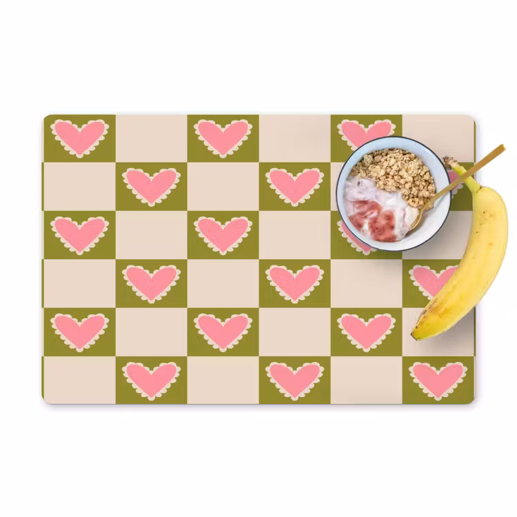 Placemat - 6 stuks - Olijfgroen - Hartjes - Patroon - Retro — 1