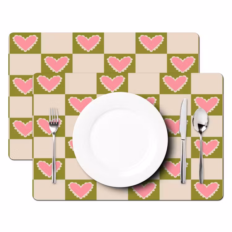 Placemat - 6 stuks - Olijfgroen - Hartjes - Patroon - Retro — 2
