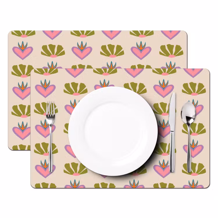 Placemat - 6 stuks - Patroon - Beige - Hartjes - Bloemen — 2