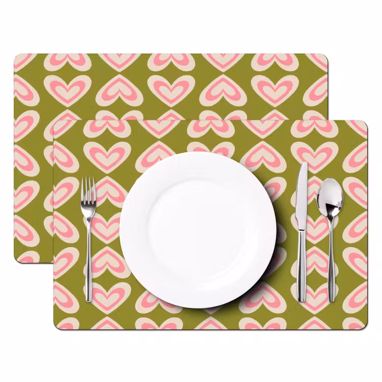 Placemat - 6 stuks - Patroon - Symmetrisch - Hartjes - Olijfgroen — 2