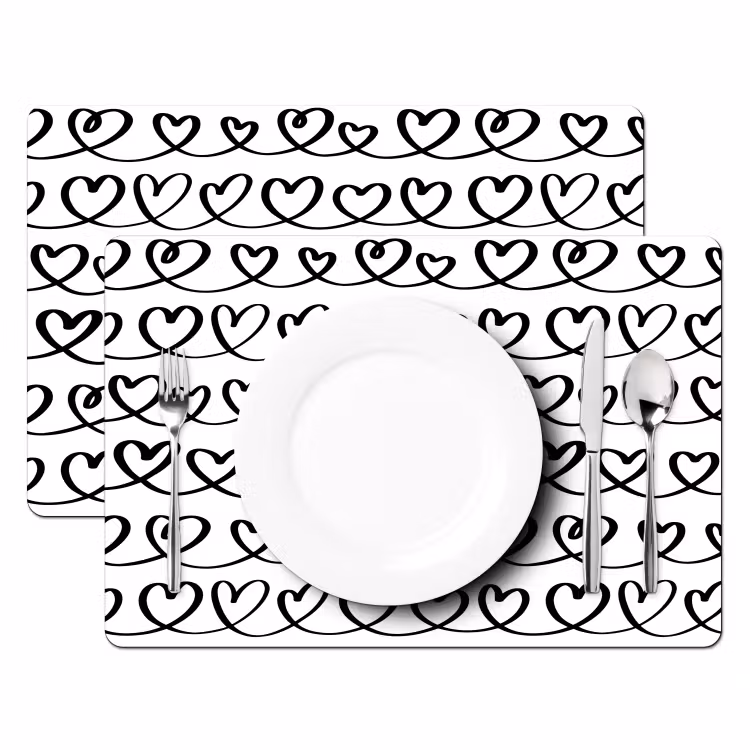 Placemat - 6 stuks - Wit - Harten - Verweven - Zwart — 2