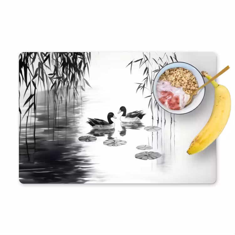 Placemat - 6 stuks - Eenden - Waterlelies - Riet - Zwart — 1