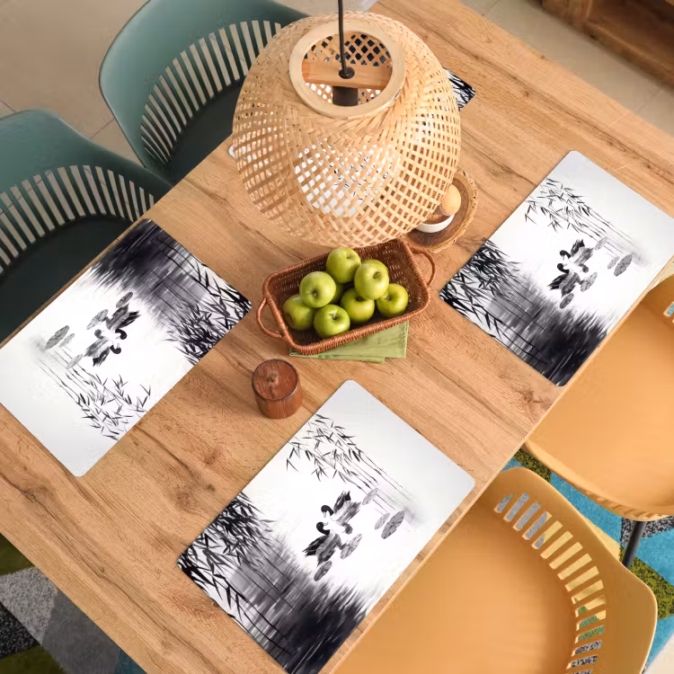 Placemat - 6 stuks - Eenden - Waterlelies - Riet - Zwart — 6
