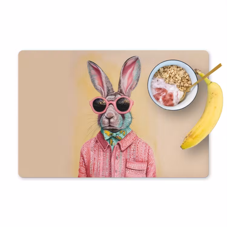 Placemat - 6 stuks - Grijs - Konijn - Blouse - Strik — 1