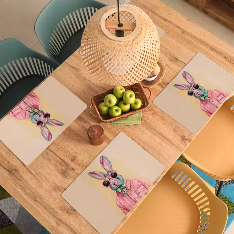 Placemat - 6 stuks - Grijs - Konijn - Blouse - Strik — 6