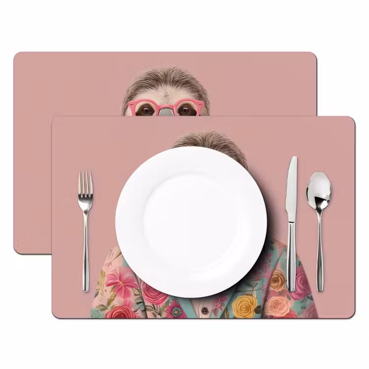 Placemat - 6 stuks - Luiaard - Bloemenprint - Bril - Roze — 2