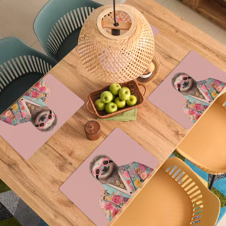 Placemat - 6 stuks - Luiaard - Bloemenprint - Bril - Roze — 6