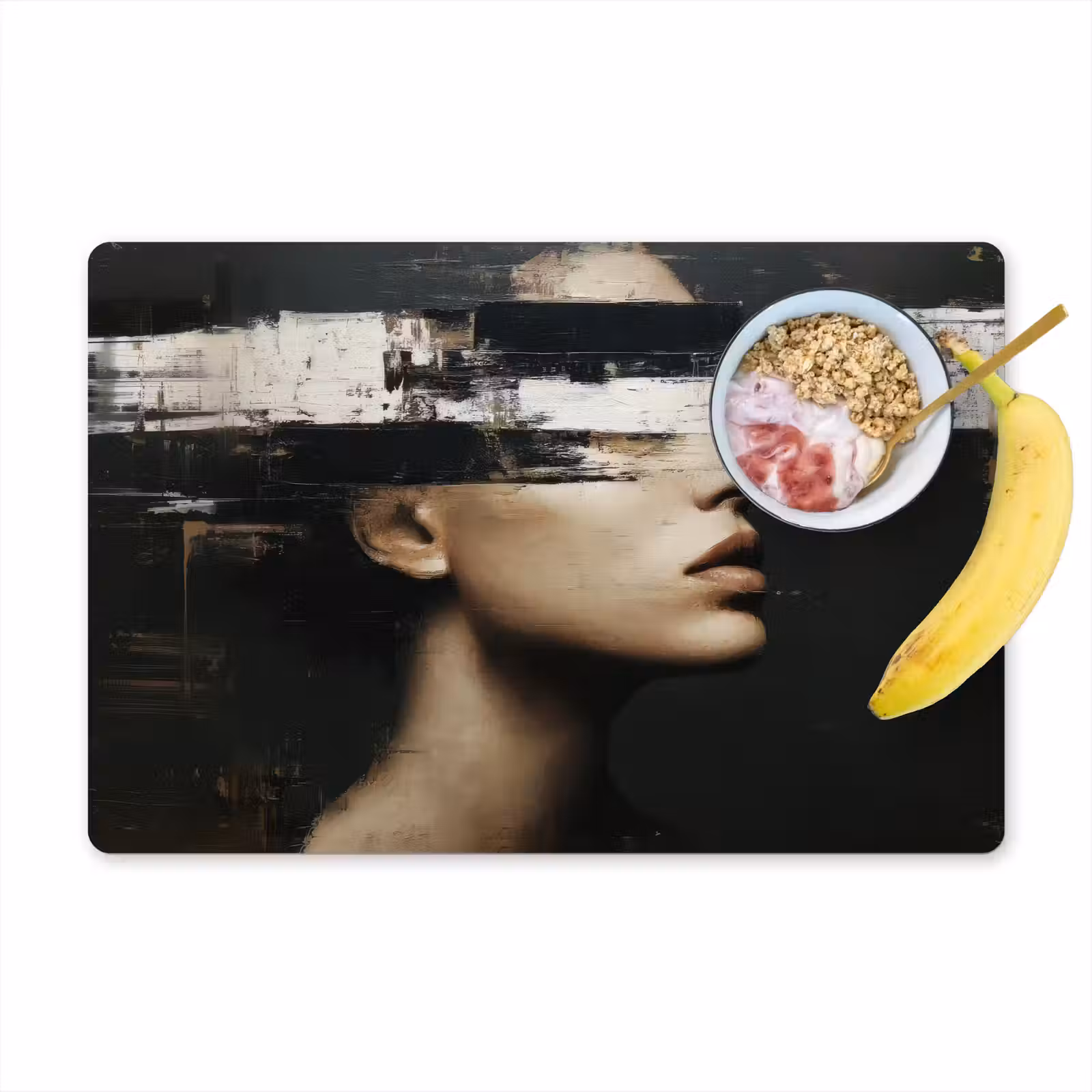 Placemat - 6 stuks - Gezicht - Vrouw - Zwart - Abstract — 1