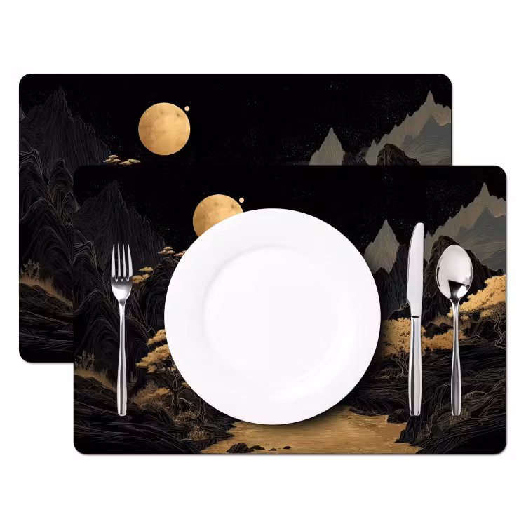 Placemat - 6 stuks - Gouden rivier - Bergen - Maan - Sterrenhemel — 2
