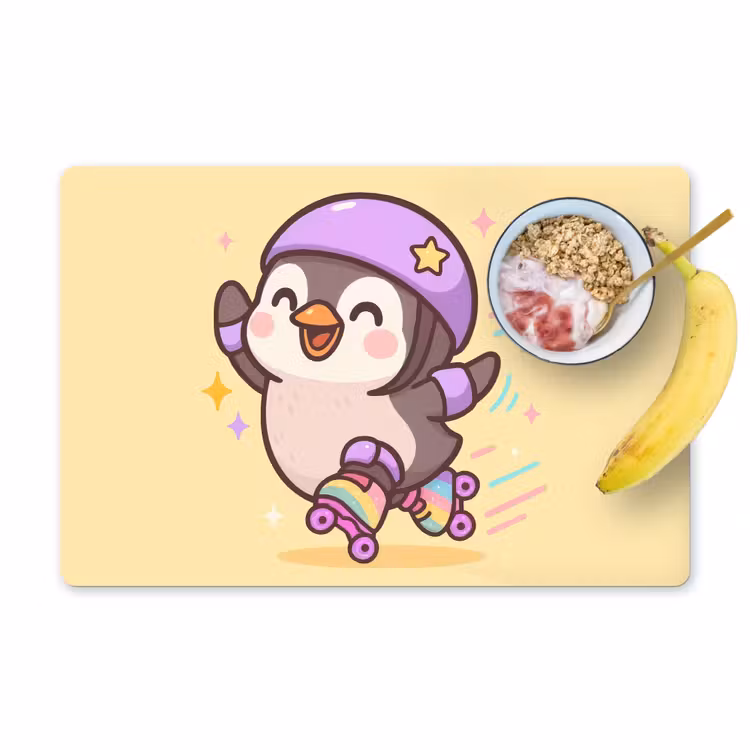 Placemat - 6 stuks - Pinguïn - Rolschaatsen - Geel - Energiek — 1