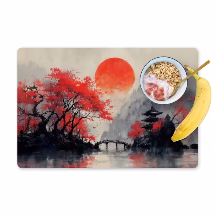 Placemat - 6 stuks - Rode zon - Rivier - brug - Bomen — 1