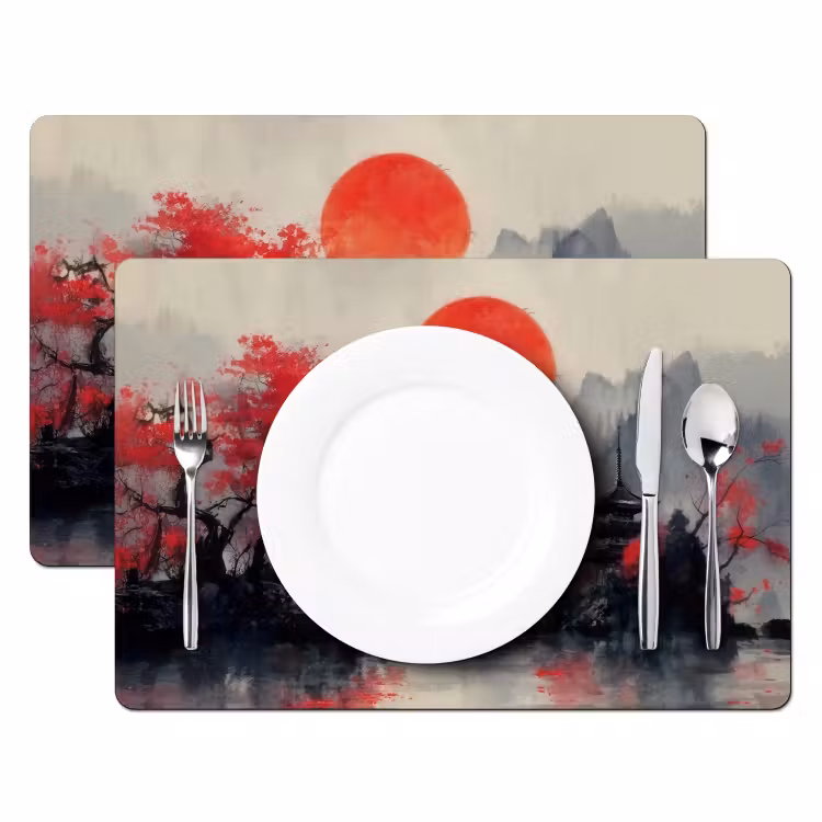 Placemat - 6 stuks - Rode zon - Rivier - brug - Bomen — 2