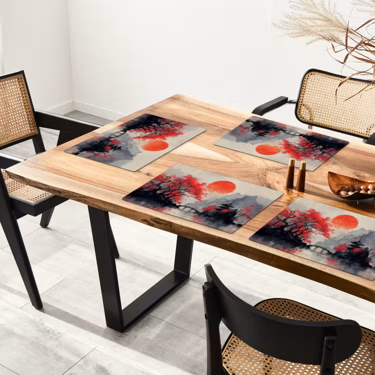 Placemat - 6 stuks - Rode zon - Rivier - brug - Bomen — 5