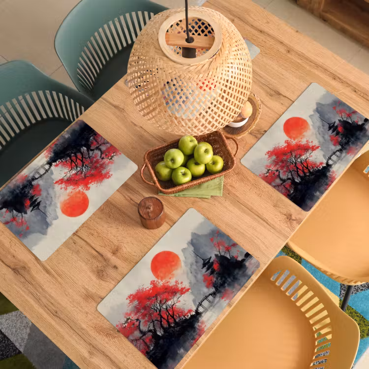 Placemat - 6 stuks - Rode zon - Rivier - brug - Bomen — 6