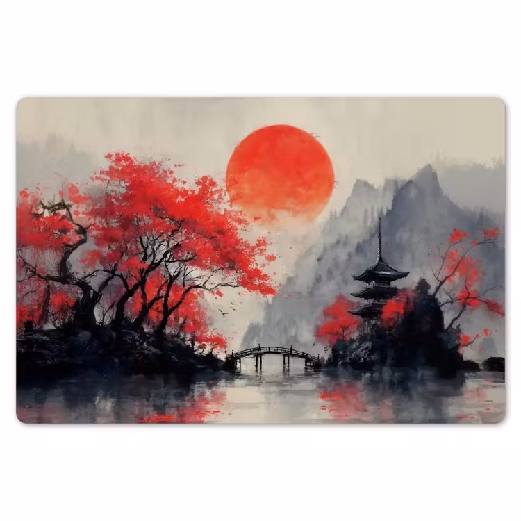 Placemat - 6 stuks - Rode zon - Rivier - brug - Bomen — 7