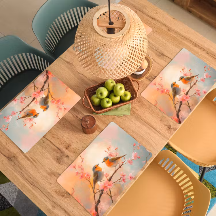 Placemat - 6 stuks - Roodborstjes - Sierlijk - Bloesemtak — 6