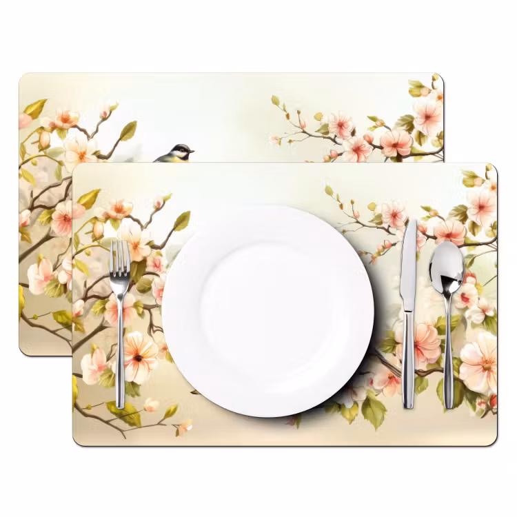 Placemat - 6 stuks - Takken - Bloemen - Vogeltjes - Roze — 2