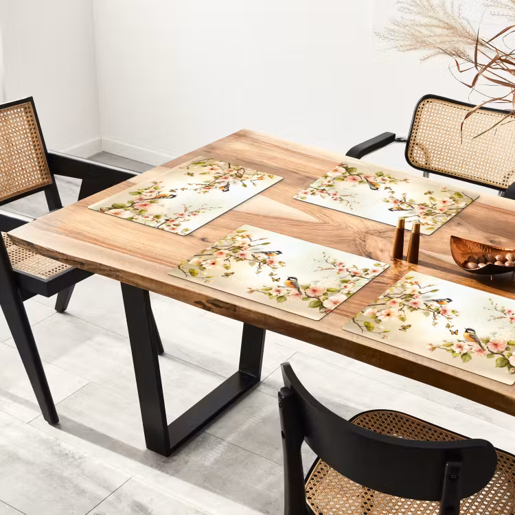 Placemat - 6 stuks - Takken - Bloemen - Vogeltjes - Roze — 5