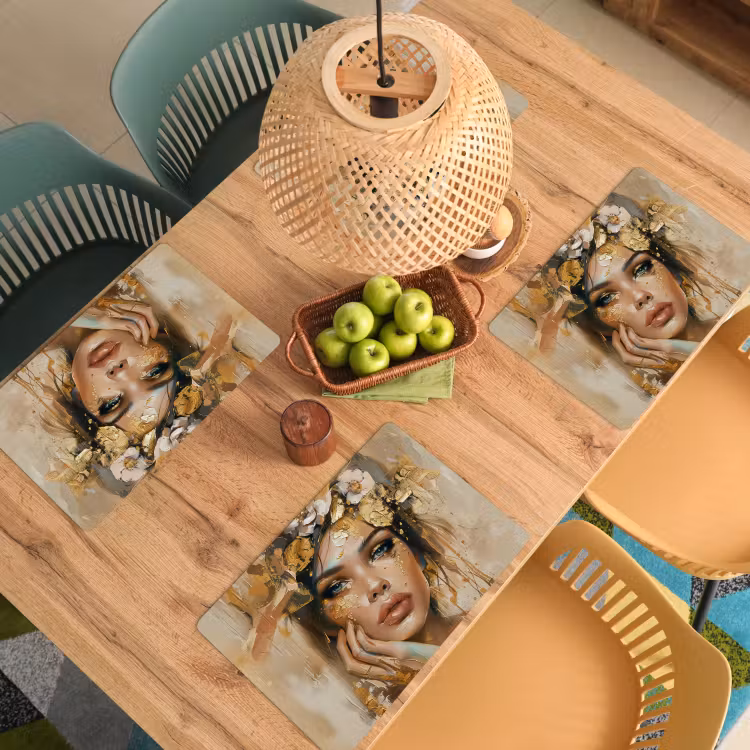 Placemat - 6 stuks - Vrouw - Bloemen - Goud - Portret — 6