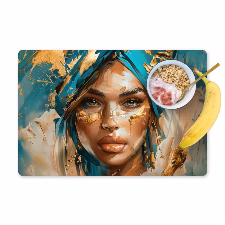 Placemat - 6 stuks - Vrouw - Portret - Goud - Luxe - Blauw — 1
