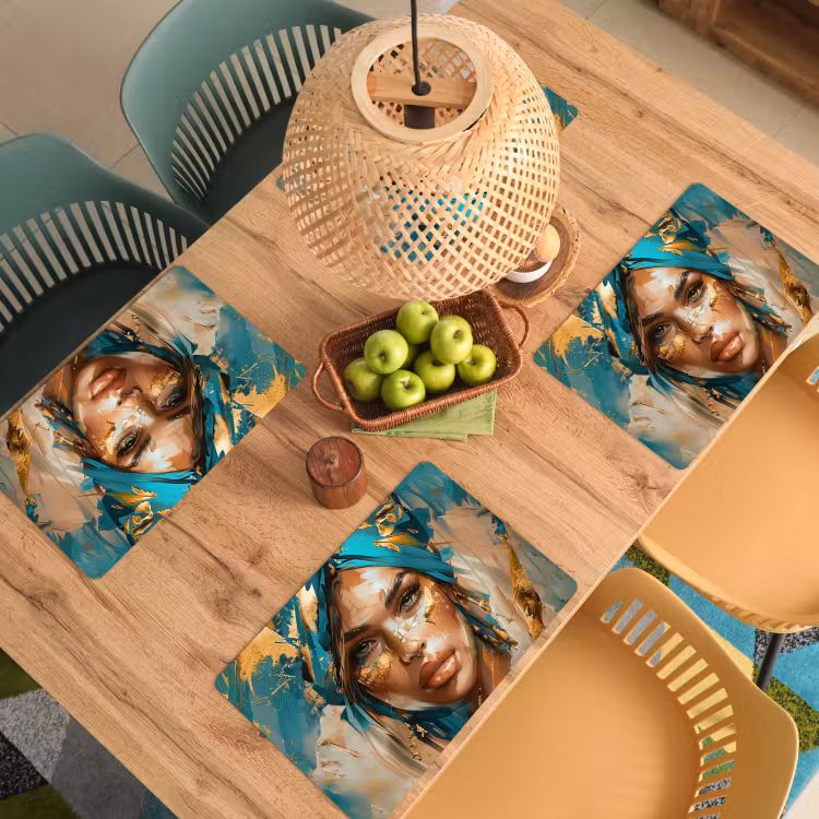 Placemat - 6 stuks - Vrouw - Portret - Goud - Luxe - Blauw — 6