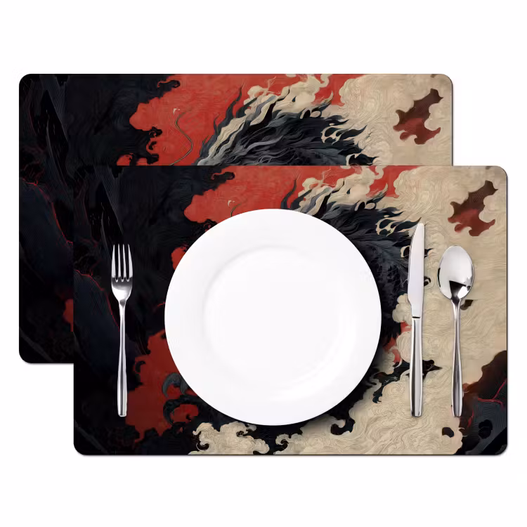 Placemat - 6 stuks - Zwarte draak - Rookwolken - Rood — 2