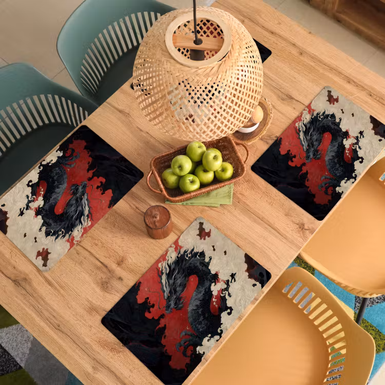Placemat - 6 stuks - Zwarte draak - Rookwolken - Rood — 6