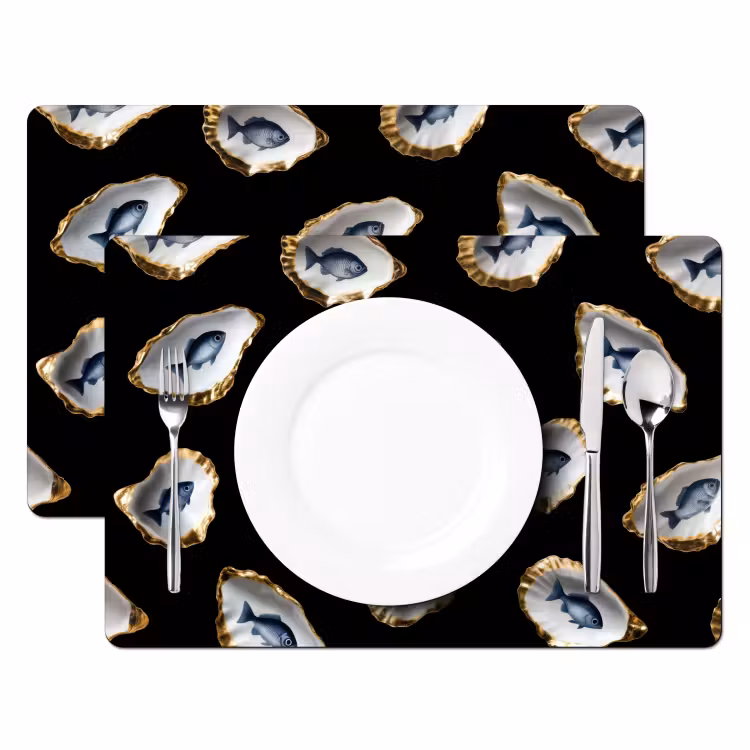 Placemat - 6 stuks - Oesters - Vissen - Blauw - Goud — 2