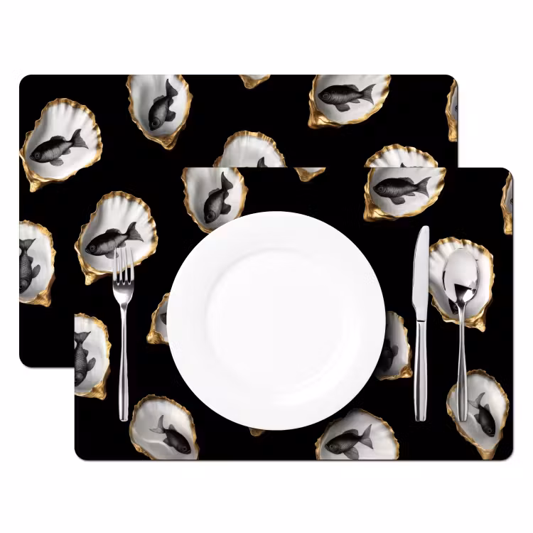 Placemat - 6 stuks - Oesters - Zwart - Vissen - Goud — 2