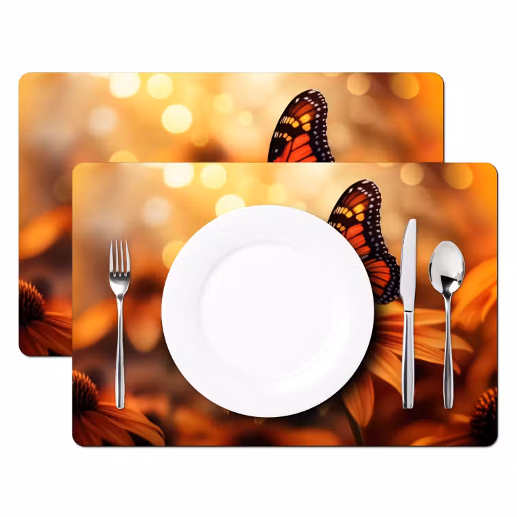 Placemat - 6 stuks - Vlinder - Bloemen - Oranje — 2