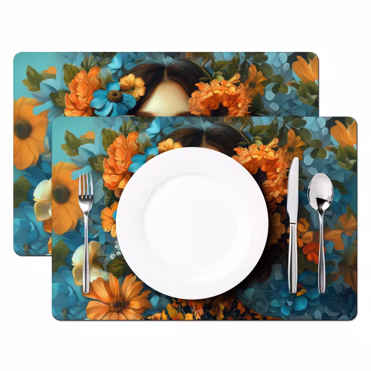 Placemat - 6 stuks - Vrouw - Bloemen - Oranje - Blauw - Modern — 2