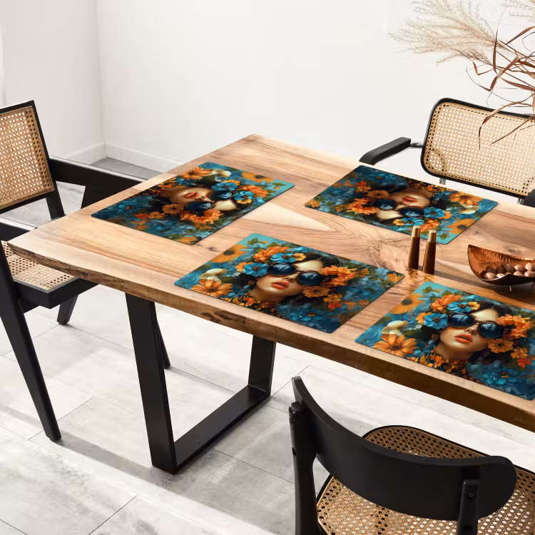 Placemat - 6 stuks - Vrouw - Bloemen - Oranje - Blauw - Modern — 5