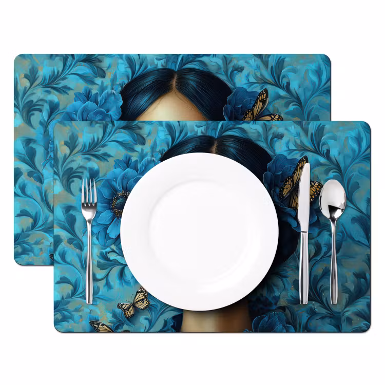 Placemat - 6 stuks - Vrouw - Bloemen - Vlinders - Blauw - Abstract — 2